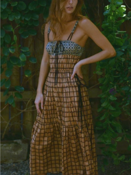 Ciao Lucia Dresses & Skirts - Ciao Lucia Brown Grid Midi Dress with Patterned Bodice